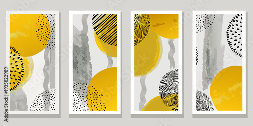 Abstract geometric art prints in yellow gray and black tones