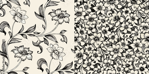 Detailed floral pattern with narcissus and other botanical illustrations