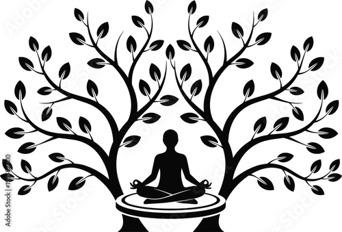 Black silhouette of a person meditating in lotus pose under a large leafy tree isolated on white background for wellness