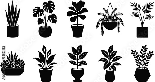 Indoor potted plant silhouette set, modern houseplant collection, black botanical icons, minimal home decor elements, flat vector illustration