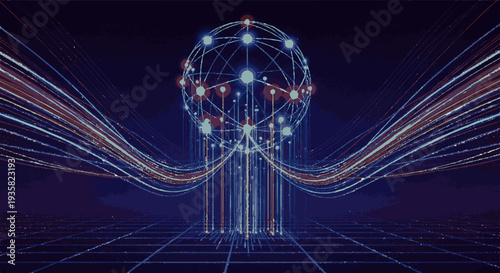 Futuristic digital head with glowing neural network connections in blue and red on dark grid background