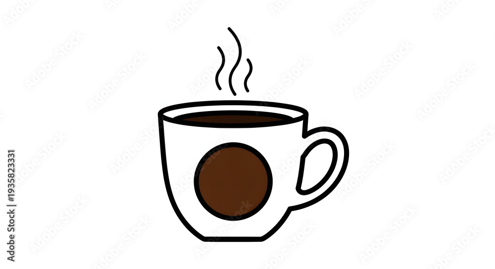 Obraz premium A simple line drawing of a steaming hot coffee cup on a plain background with a brown circle on the