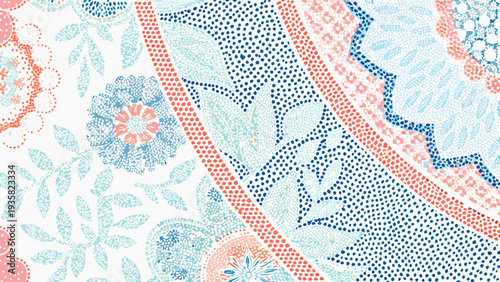 Abstract floral and dotted patterns in pastel and blue hues