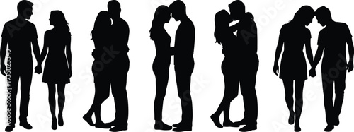 Romantic couple silhouette collection, men and women holding hands hugging and kissing, love relationship moments, black human figures, flat vector illustration