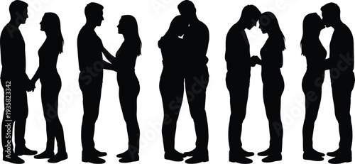 Romantic couple silhouette set, man and woman in love poses, relationship and intimacy concepts, black human figures, flat vector illustration