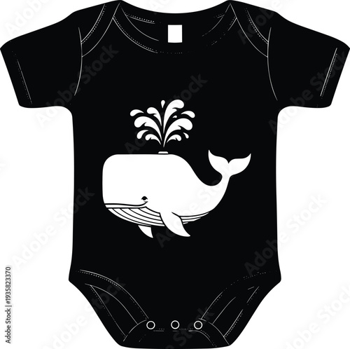 Black baby bodysuit mockup with white whale silhouette illustration, cute infant romper apparel design isolated on white background, nautical newborn.