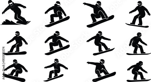 Snowboarder silhouette icon set, winter sports athlete performing jumps and tricks, dynamic snowboarding action poses, black figures, flat vector illustration