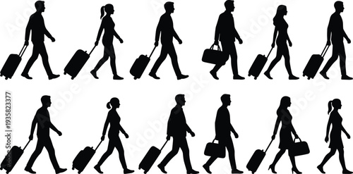 Travelers walking with luggage, airport passengers, suitcase icons, business trip, tourism, commuting, baggage silhouettes, male female travelers, flat vector illustration