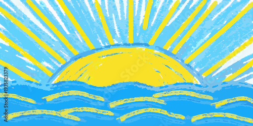 A brightly colored illustration of a sun rising over ocean waves