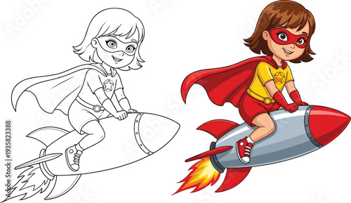 Set of cute cartoon superhero girl riding a space rocket with red cape and mask for kids adventure vector illustration