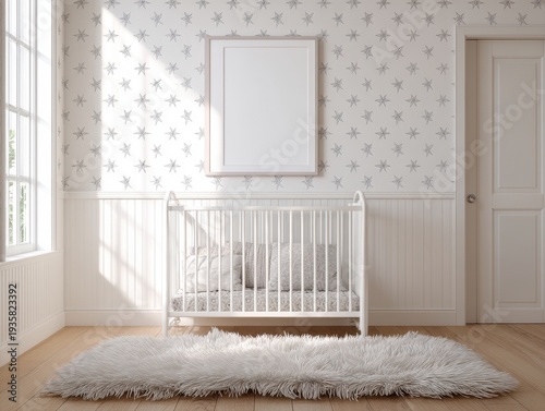 Cozy nursery room with white crib and fluffy rug. Sunlight streams through window, casting gentle shadows. Wallpaper features delicate, repeating floral motif