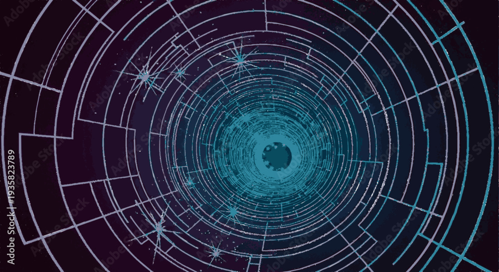 Fototapeta premium Futuristic radar screen with concentric circles and blue glowing center on dark background with white grid lines and abstract shapes