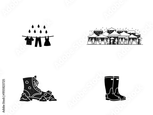 Rainy Day Clothes Boots Market Stall Umbrellas weather laundry