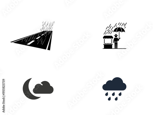 Four weather including rain on road person with umbrella moon and cloud and rain cloud rain road person with umbrella moon and cloud rain cloud weather precipitation