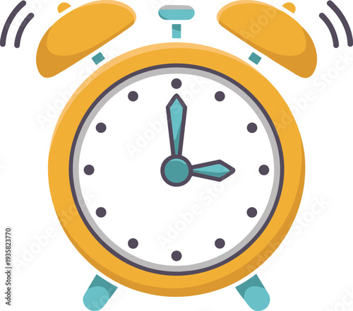 Ringing alarm clock vector illustration, retro twin bell clock icon shaking with sound lines, morning wake up reminder, flat cartoon design