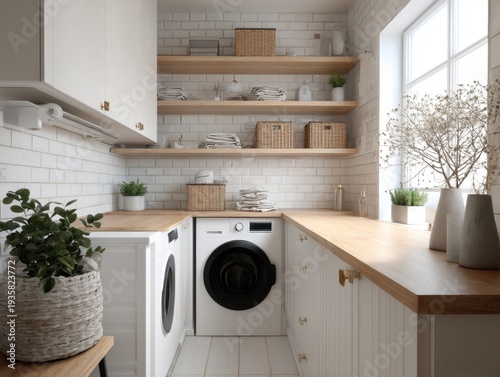 Bright kitchen with white cabinets and wooden countertops. Modern washing machine sits neatly beside countertop. Open shelves hold baskets and plants, adding charm