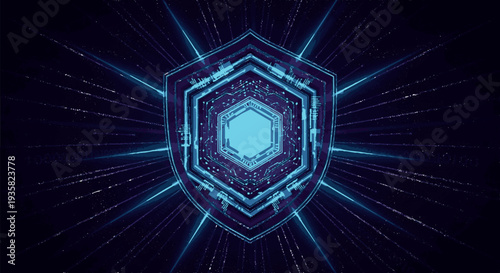 Glowing hexagonal cyber shield emits futuristic blue light rays on dark digital background symbolizing security technology and protection