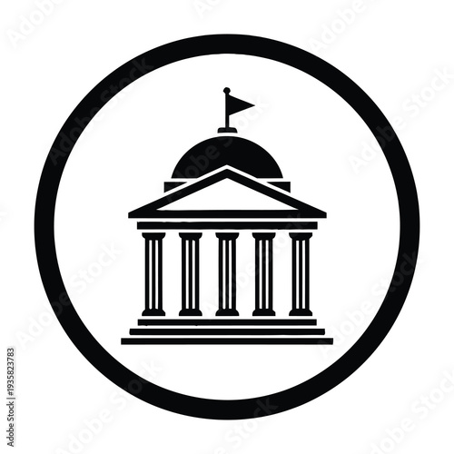Black and white emblem featuring a dome topped building with columns inside a circle