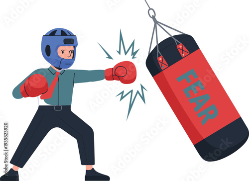 Businessman wearing boxing gloves punching fear punching bag, overcoming business challenges concept, risk management courage, motivation success vector illustration