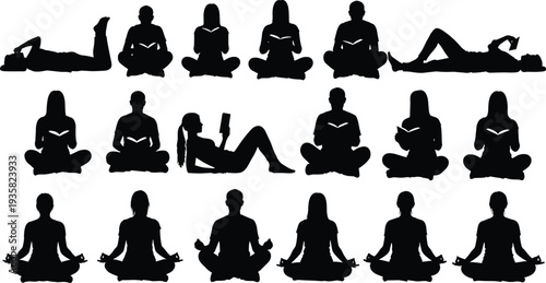 Set of black silhouettes featuring people reading books and practicing yoga meditation isolated on white background for wellness and education