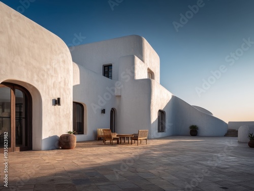 White curved walls embrace stone courtyard. Large arched doorway invites quiet stillness. Outdoor seating frames warm sunlit scene. Terracotta pots add subtle earthy contrast