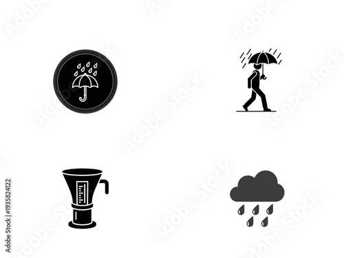 Four black depicting rain umbrella and coffee maker on white background weather protection