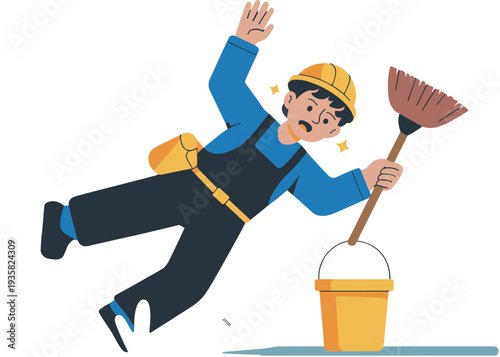 Construction worker slipping on wet floor while holding broom and bucket, workplace accident safety concept cartoon vector illustration isolated background