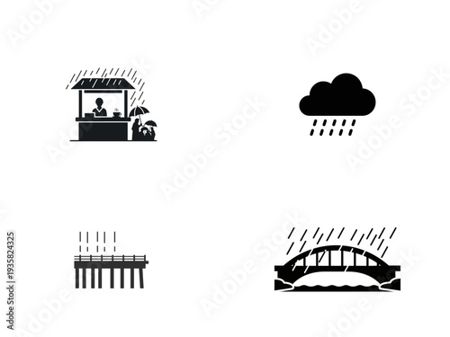 Four black depicting rain scenes with a kiosk bridge and cloud raining weather