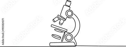A scientific microscope is skillfully rendered in a fluid single continuous line drawing on a clean white field