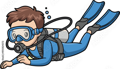 Cartoon Scuba Diver Boy Swimming Underwater with Diving Tank Mask and Fins Cute Vector Illustration Isolated Background Design