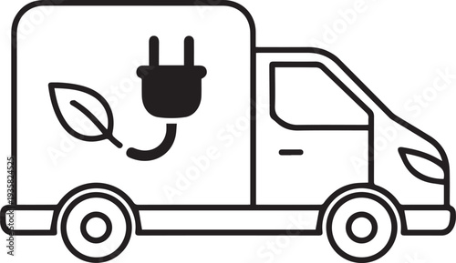 Electric delivery van line icon with plug and leaf isolated. Eco friendly commercial vehicle, green logistics, sustainable transportation and zero emission environmental shipping service concept