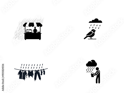 Four weather showing rain affecting different scenes silhouette transparent background 1