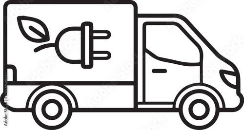 Electric delivery truck line icon with leaf inside power plug isolated. Eco friendly commercial vehicle, green logistics, sustainable environmental transportation and clean energy shipping concept