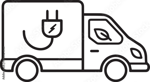 Electric delivery van line icon with charging plug and leaf isolated. Eco friendly commercial transportation, green logistics, sustainable shipping service and zero emission cargo vehicle