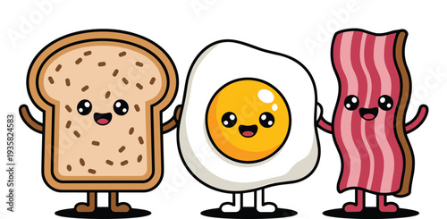 Cute breakfast food cartoon characters toast fried egg and bacon smiling together kawaii style mascots colorful vector illustration isolated background