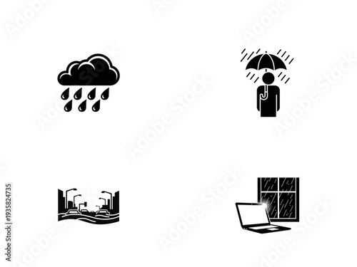 Four weather rain cloud person with umbrella flooded street and rainy window with laptop raindrops storm 1