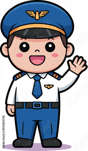 Cute pilot cartoon character waving hand in uniform vector illustration isolated on light background aviation profession mascot design