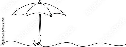 A simple continuous line drawing depicts an open umbrella with a curved handle on a white surface