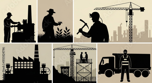 Collage of industrial and construction scenes with workers.