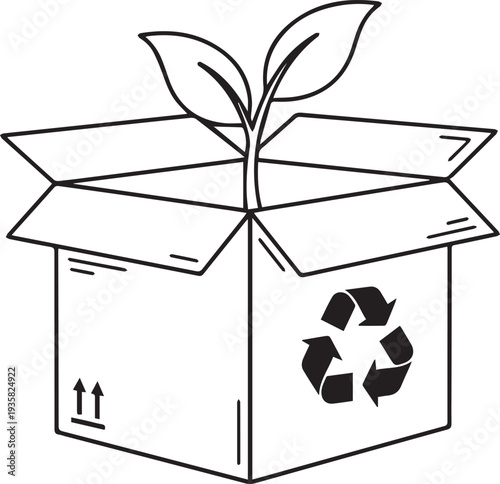 Sprout growing inside open recycle cardboard box line icon isolated. Eco friendly sustainable packaging, green delivery logistics, environmental conservation and biodegradable shipping parcel