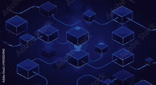 Network of interconnected blue cubes on dark background representing data storage and blockchain technology concepts