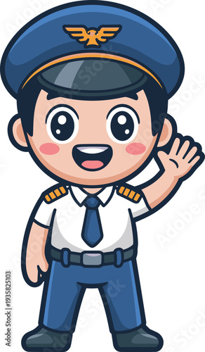 Adorable airline pilot cartoon character waving hand in uniform vector illustration isolated on light background aviation mascot design