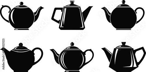 Traditional teapot silhouette collection featuring classic kettle designs ceramic porcelain and metal tea pots isolated on white background for kitchen cafe branding design