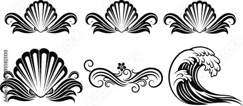 Set of black nautical seashell emblems and ocean wave icons, decorative marine flourishes for beach themed logo design and invitations