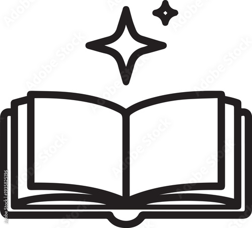 Open magic book with glowing stars line icon isolated. Fantasy literature reading, creative education, storytelling, fairytale imagination and magical knowledge discovery design element