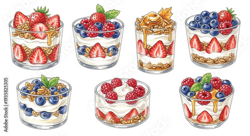 Hand Drawn Watercolor Yogurt Parfait Set with Granola, Strawberries, Blueberries and Raspberries in Glass Cups