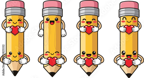 Cute cartoon pencil characters holding red hearts set of four kawaii school stationery mascots isolated on white background vector illustration