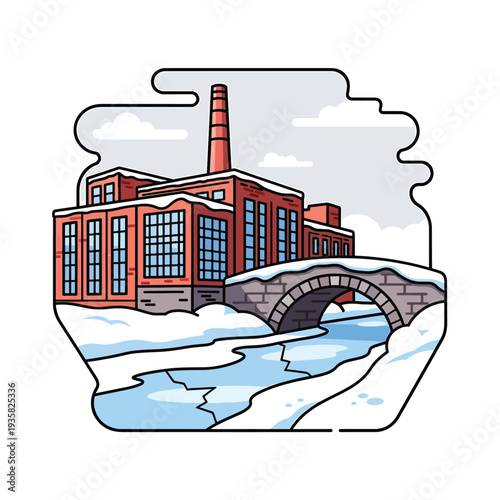 Industrial winter landscape with factory, bridge, and river, viewed from a slight elevation