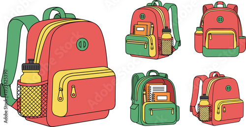Colorful school backpack set with notebooks and water bottle cartoon vector illustration of student bag collection isolated on white background