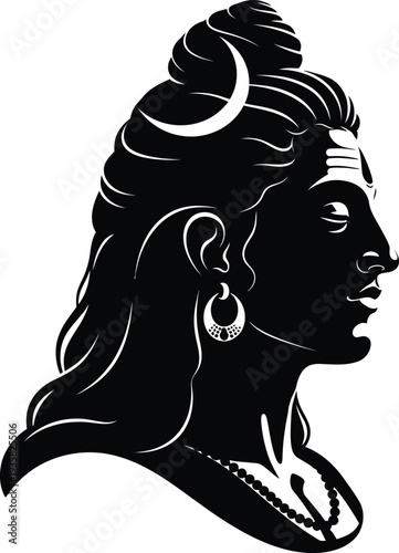 "Black and White Lord Shiva Profile Silhouette Illustration with Crescent Moon, Topknot, Earring, and Necklace for Hindu Spiritual Art, Cultural Symbolism, and Religious Iconography Projects"